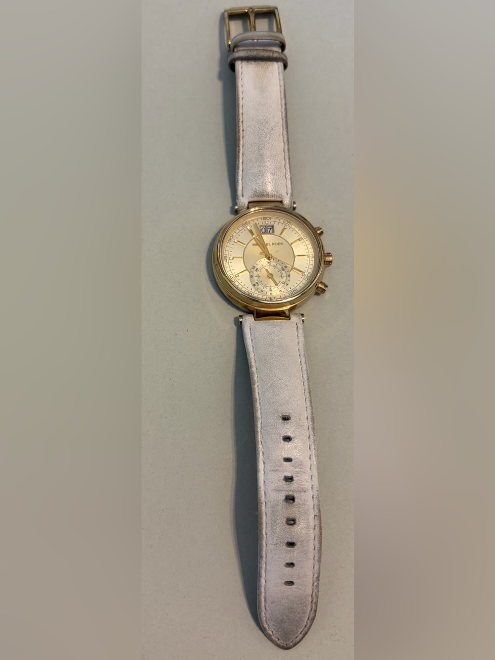Michael Kors Gold Dial Watch with White Leather Strap
